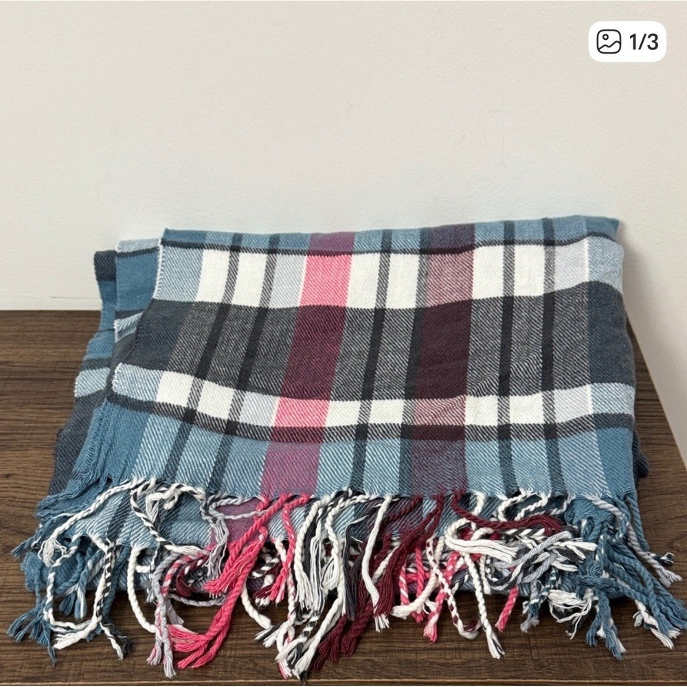 Gap Plaid Scarf Blue Pink Burgundy White Acrylic Fringe Oversized Wrap